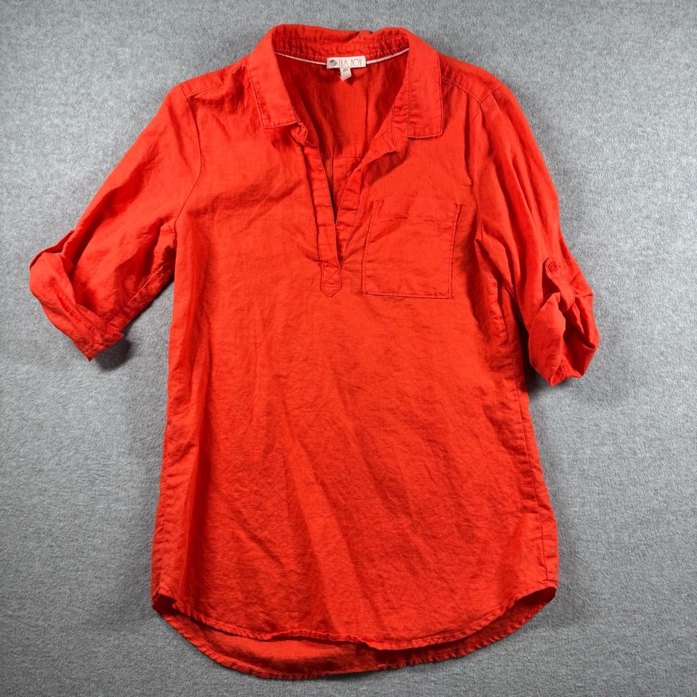 Lila Rose‎ Linen Blend V-Neck Tab Sleeve Tunic Orange Size Small